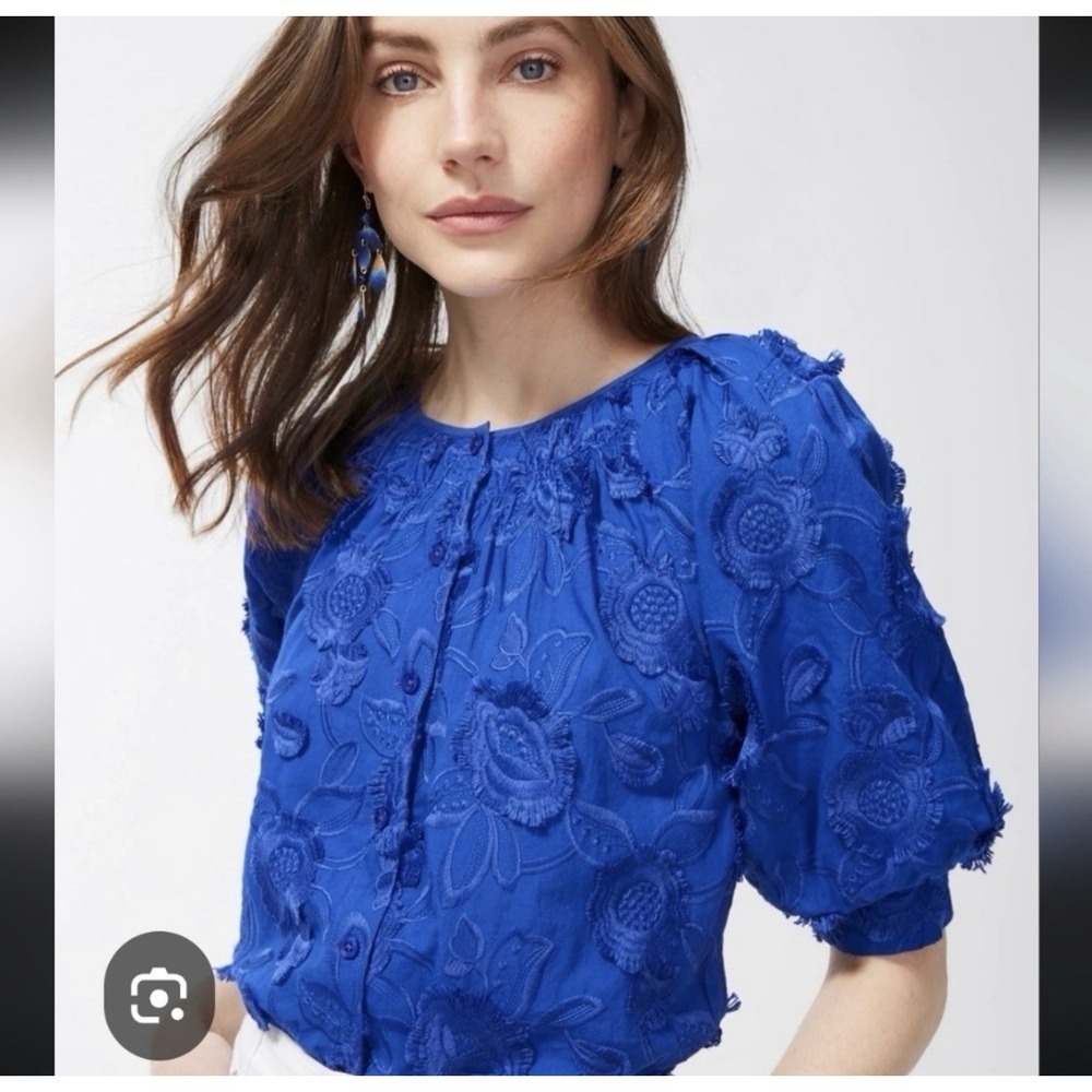 Chicos Billows Sleeve Embroidered Blouse Size 0.5 / S 6 Blue Purple Fray NEW
